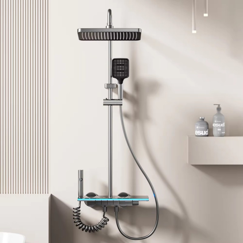 Column Faucet Set Durable Wall Mounted Bathroom Ceiling Rainfall High Pressure Dual Shower Head Combo Set Handheld Shower Head